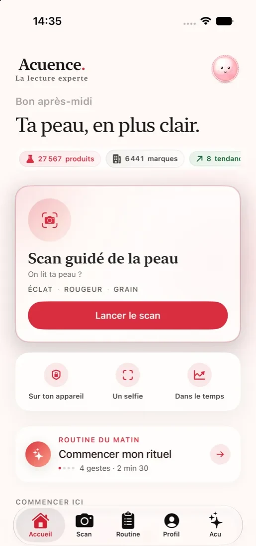 Écran d’accueil de l’application Acuence sur iPhone